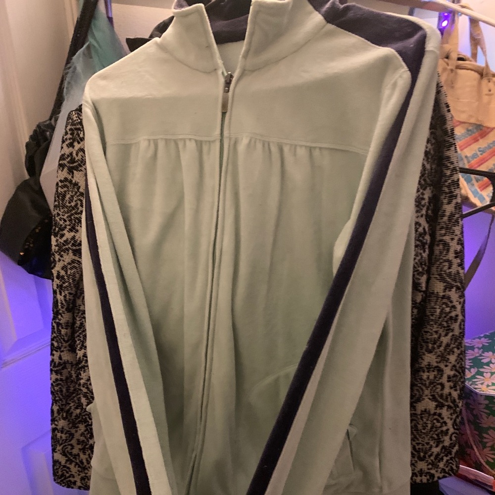 Amazing Vintage Velour Zip Front Light Seafoam w/ Navy Striping - size Medium
